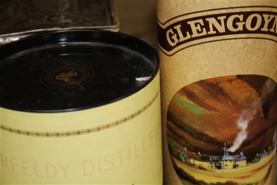 Seven assorted bottles of whisky: Glen Moray 12yo, Glenfiddich, Aberfeldy, Glenlivet 12yo, Glengoyne 10yo